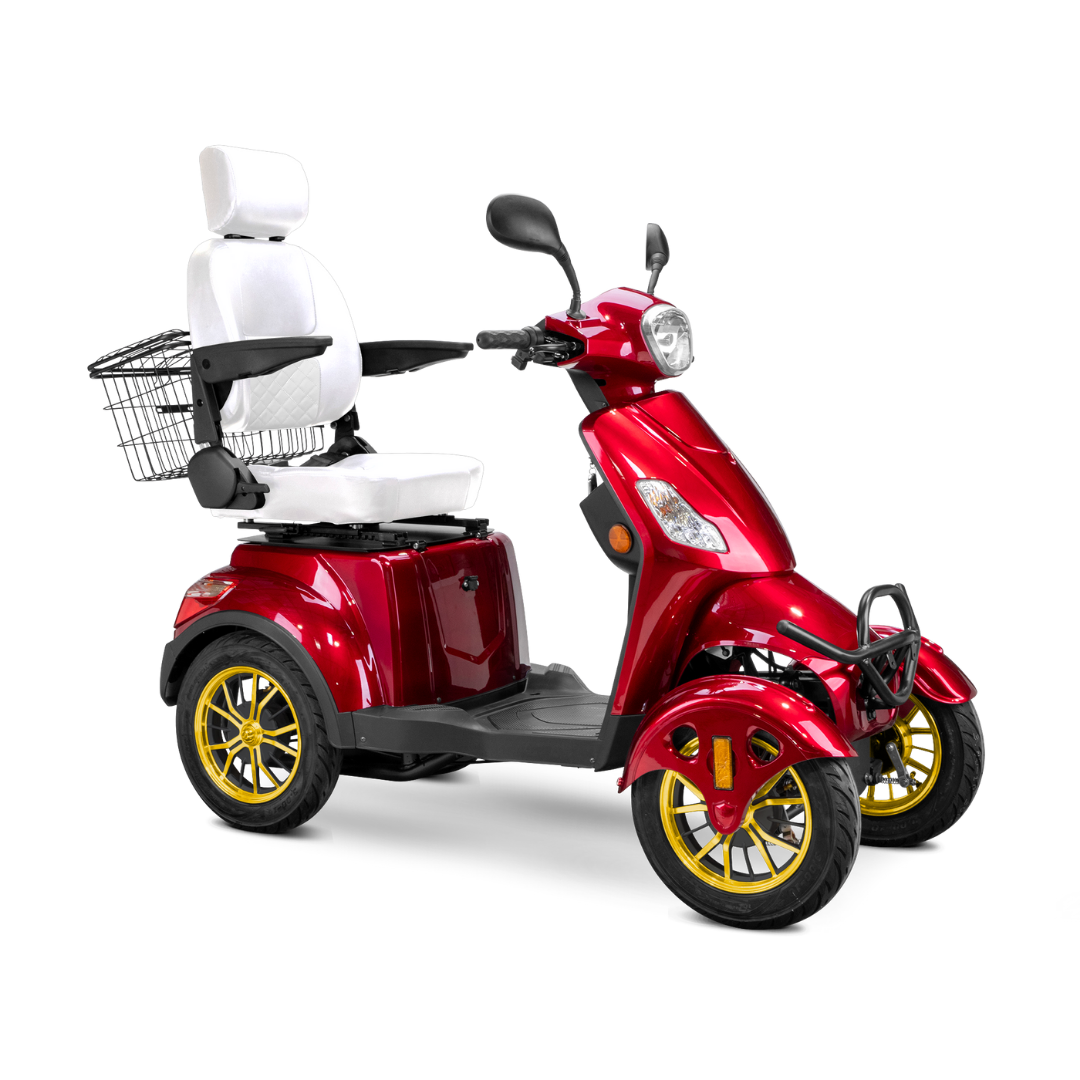 The Bespoke Prestige Recreational 4-Wheel Scooter features a red body, 600W motor, gold rims, handlebars, rear wire basket, and a white cushioned adjustable seat with armrests and headrest.